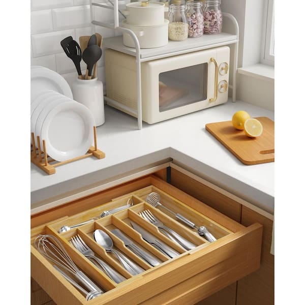 Natural Bamboo Expandable Kitchen Drawer Silverware Organizer with Adjustable Slots for Utensils and Cutlery Storage