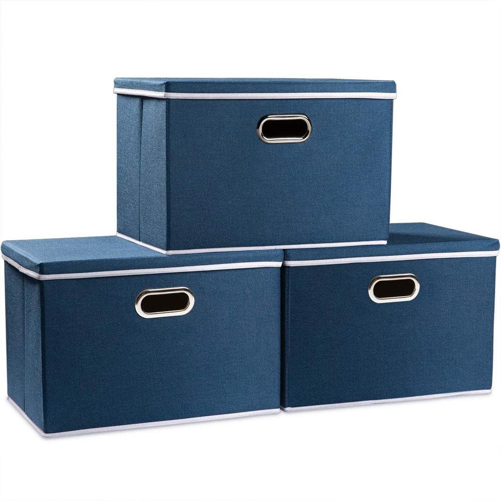 35 qt. Fabric Collapsible Storage Bin with Lid in Royal Blue (3-Pack)