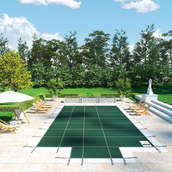 Green Pool Safety Cover Fits 16 x 32 ft. Rectangle In-Ground Pools with 4 x 10 ft. Center End Step Mesh Solid Pool Cover