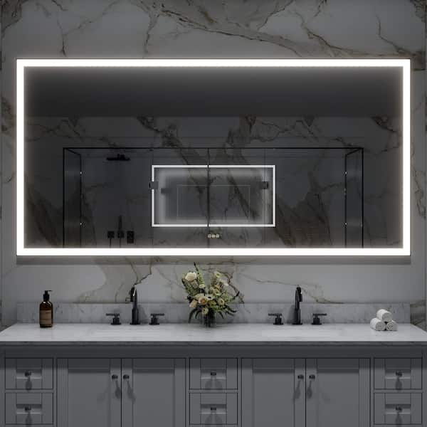 84 in. W x 42 in. H Large Rectangular Framed Anti-Fog Wall LED Bathroom Vanity Mirror with Light in Matte Black,Plug