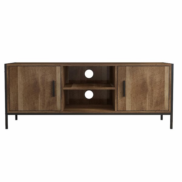 ATHMILE Brown Console Table with 2 Storage Cabinets and Open Shelves