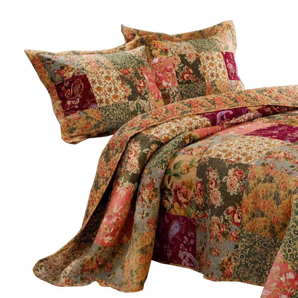 Multicolor Floral Patchwork King Microfiber Quilt Set
