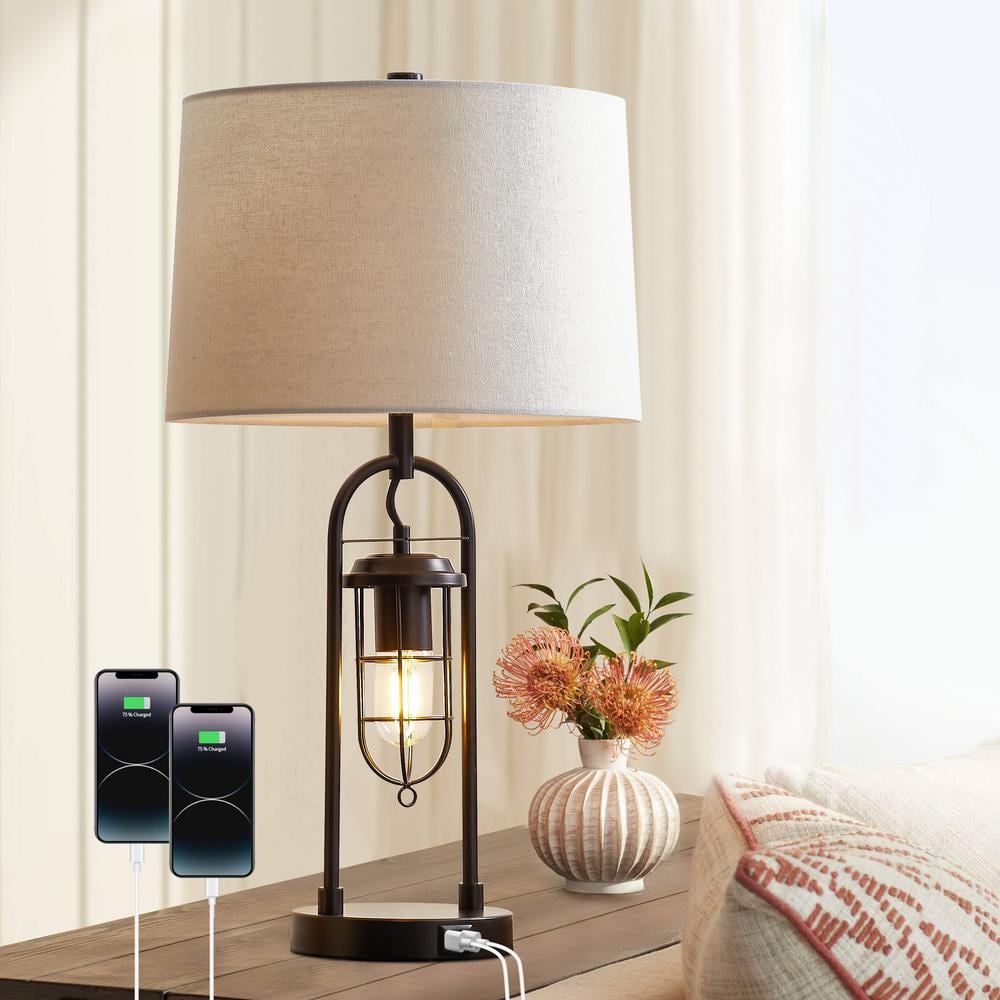 Industrial Black Arc Table Lamp with USB Ports and Fabric Shade