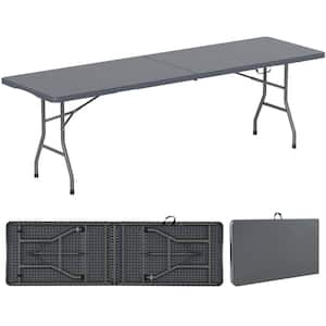 96 in. Gray Rectangle Metal Portable Folding Table with HDPE Tabletop Safe Lock Mechanism Carrying Handle