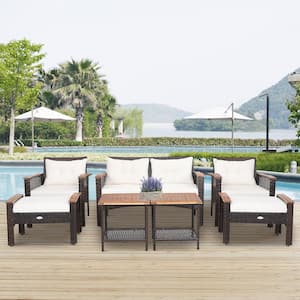 7-Piece Wicker Patio Rattan Patio Conversation Furniture Set with Off White Cushions