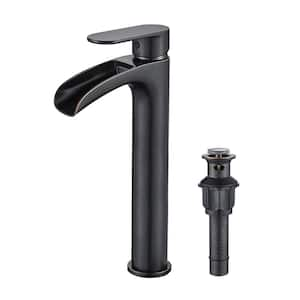 Single Handle Single Hole Bathroom Waterfall Faucet with Metal Pop-Up Drain High Arc Faucets in Oil Rubbed Bronze