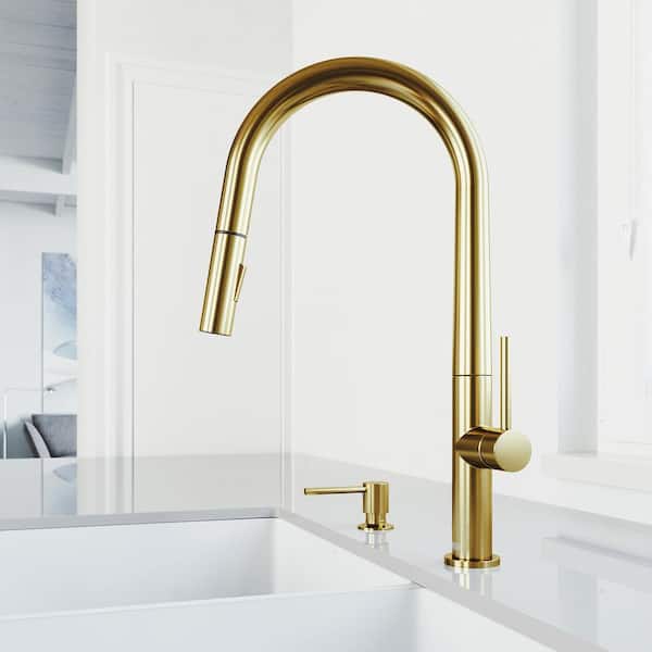 VIGO Greenwich Single Handle Pull-Down Sprayer Kitchen Faucet Set with Soap Dispenser in Matte Brushed Gold
