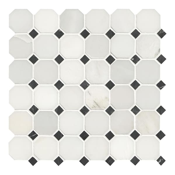Greecian White 12x12x0.38 in. Honed Marble Octagon Mosaic White Marble and Black Accents Floor Tile (10 sq. ft./Case)