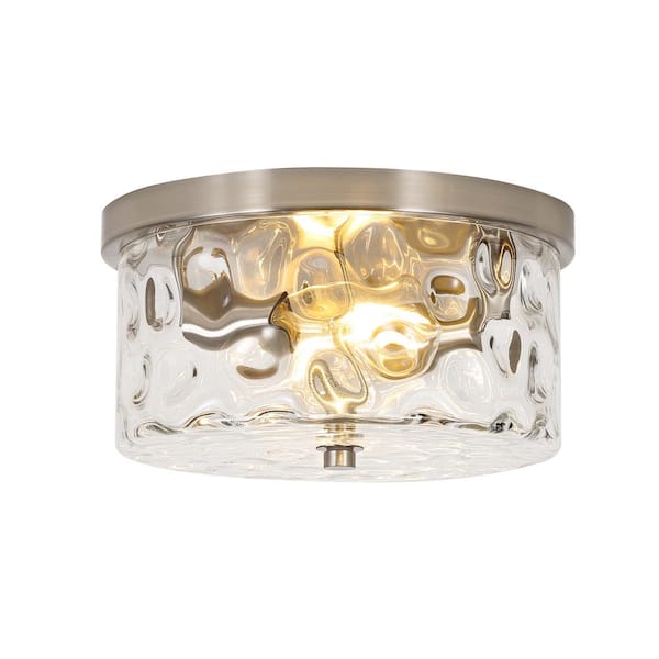 LamQee 9.8 in. 2-Light Brushed Nickel Flush Mount Ceiling Light with Clear Hammered Glass