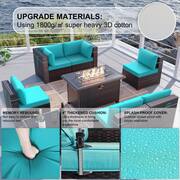 8-Piece Wicker Patio Conversation Set with 55000 BTU Gas Fire Pit Table and Glass Coffee Table and Blue Cushions