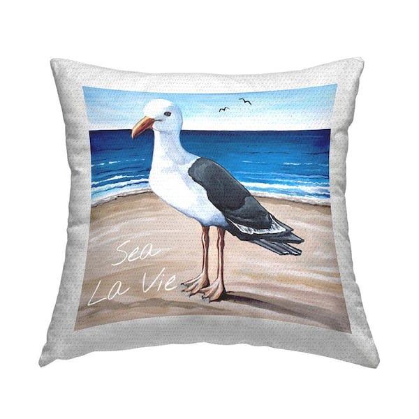 Stupell Industries Seagull Bird Standing Beach Shore Waves Blue Square Outdoor Throw Pillow