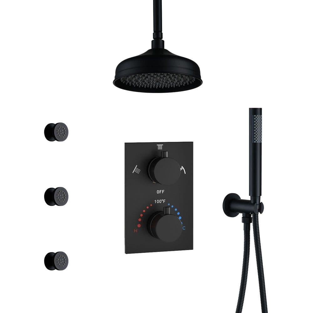 1-Spray 8 in. Round Dual Shower Head Thermostatic Ceiling Mount Fixed and Handheld Shower Head 2.5 GPM in Matte Black price history on PriceWatchPro
