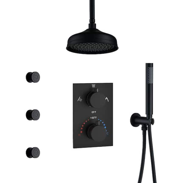 Boyel Living 1-Spray 8 in. Round Dual Shower Head Thermostatic Ceiling Mount Fixed and Handheld Shower Head 2.5 GPM in Matte Black