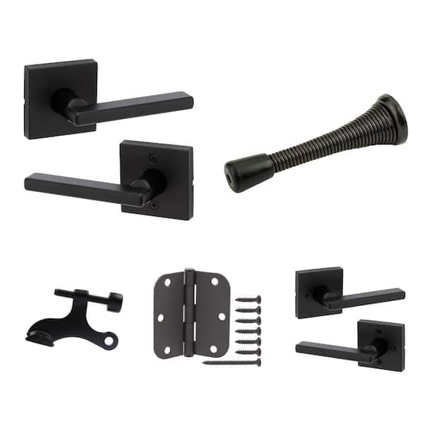 Halifax Square Matte Black Passage/Privacy Door Handle Set with Door Stops and 3-1/2 in. Hinge (3-Pack)