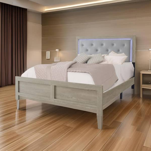 Gray Wood Frame Queen Platform Bed with Upholstered Headboard