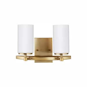 Alturas 13.5 in. 2-Light Satin Brass Modern Contemporary Wall Bathroom Vanity Light with LED Light Bulbs