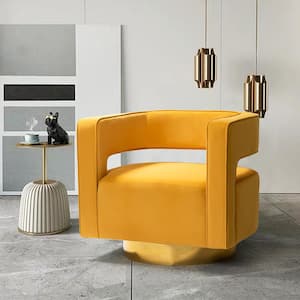 Gustaf Contemporary Velvet Mustard Comfy Swivel Barrel Chair with Open Back and Metal Base