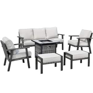 Walden Grey 6-Piece Wicker Steel Outdoor Patio Conversation Sofa Set with a Fire Pit and Beige Cushions