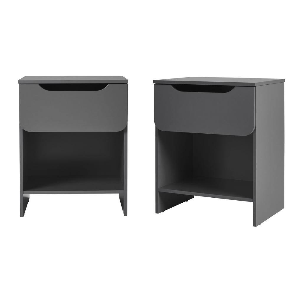 1-Drawer Dark Grey Modern Nightstand with Cubby, Set of 2