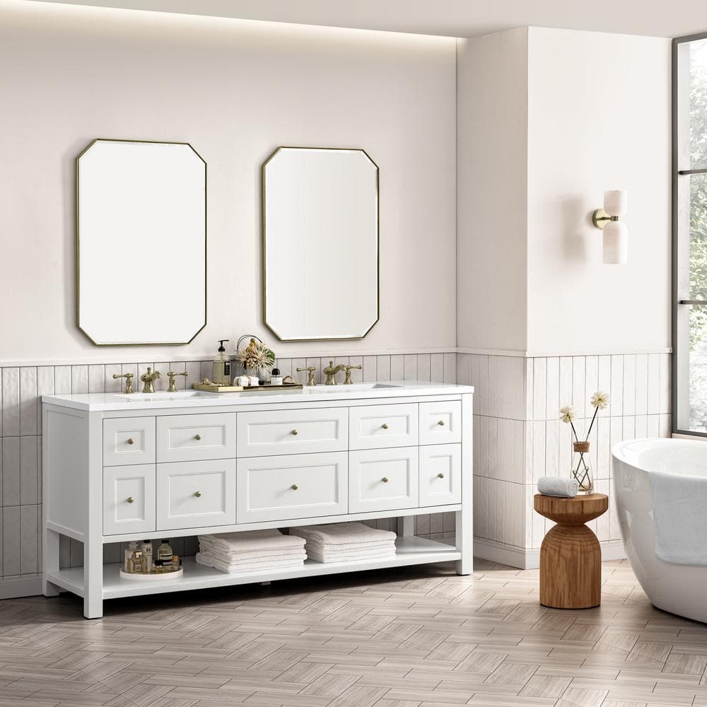 Bright White Solid Wood Double Vanity with Brass Knobs