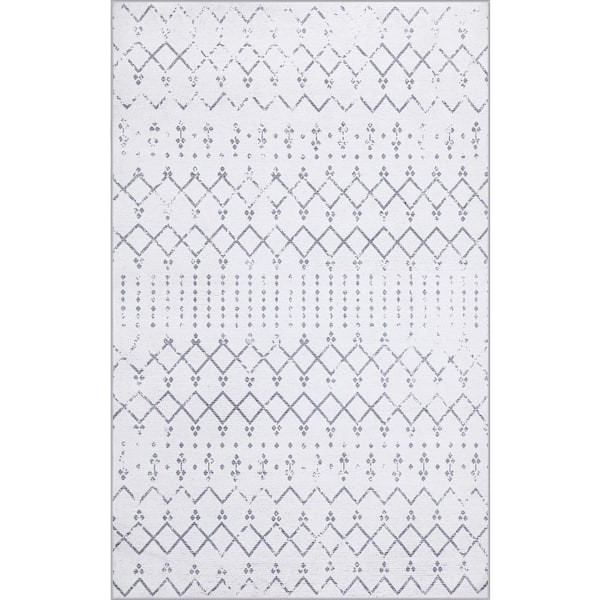 Leila Moroccan Diamond Trellis Machine-Washable Ivory/Gray 8 ft. x 10 ft. Area Rug