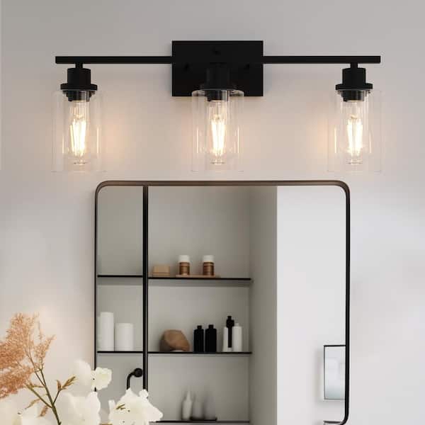 24 in. 3-Light Matte Black Industrial Bathroom Vanity Light with Clear Glass Shades (LED Bulbs Included)