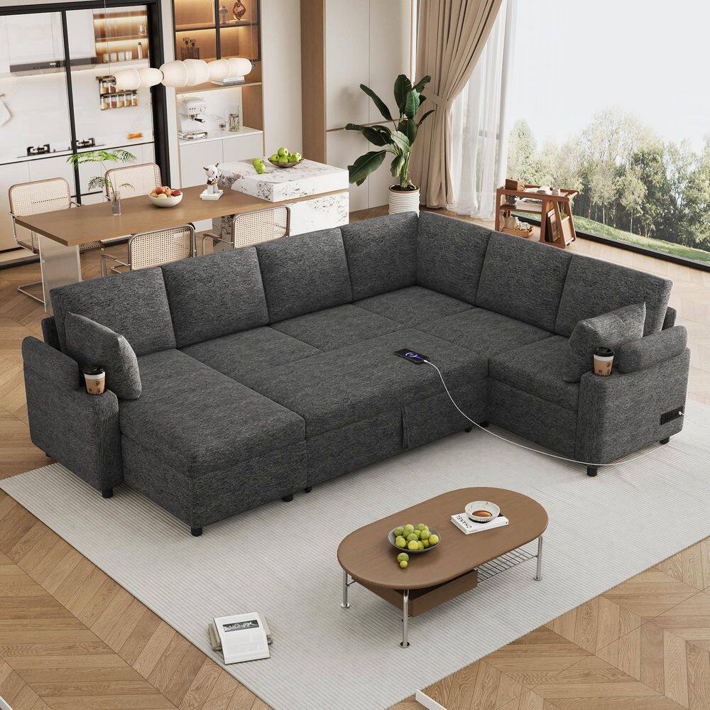 110 in. U-Shaped Chenille 5-Seat Sectional Sofa in Grey with Storage Chaise