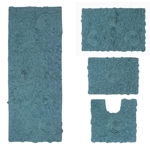 Bell Flower Collection 100% Cotton Tufted Bath Rug, 4-Pcs Set with Contour, Blue