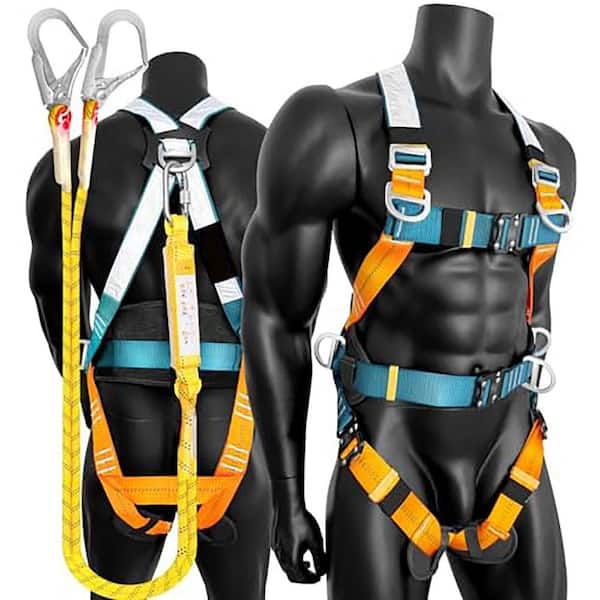 Reflective Full Body Fall Protection Safety Harness 5 D-Ring Quick Release Shock Absorbing Lanyard