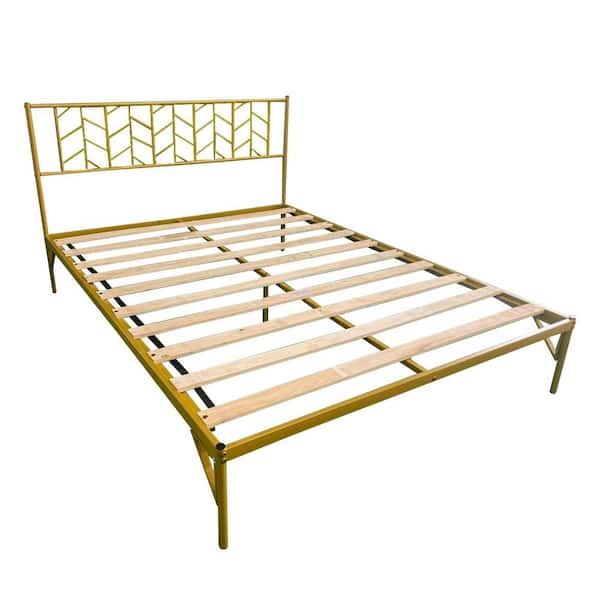 Gold Queen Metal Platform Bed Frame, Antique Brass Queen Platform Bed