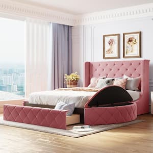 Pink Wood Frame Queen Upholstered Platform Bed with Wingback Headboard, 2-Side Storage Stool and 1-Big Drawer
