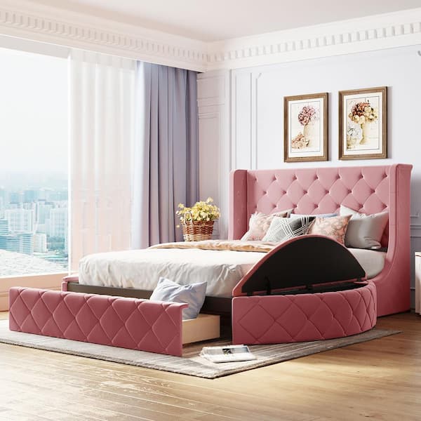 Harper & Bright Designs Pink Wood Frame Queen Upholstered Platform Bed with Wingback Headboard, 2-Side Storage Stool and 1-Big Drawer
