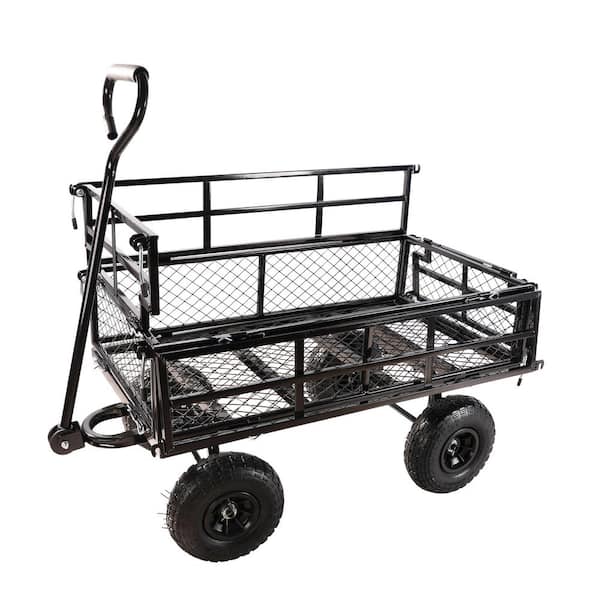 JimsMaison 6.33 cu. ft. Black Metal Garden Cart with Double Fence and Inflatable Tires