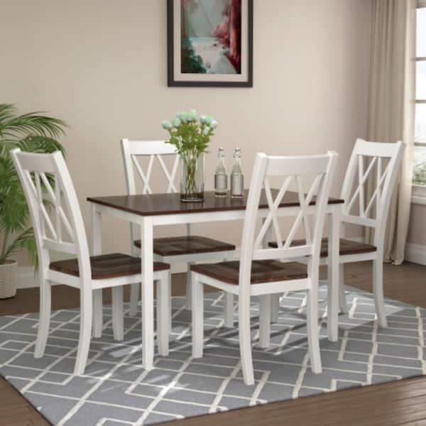 Clihome Solid Wood Top 5-Piece White+Cherry Dining Table Set Kitchen Table Set with 4-Chairs
