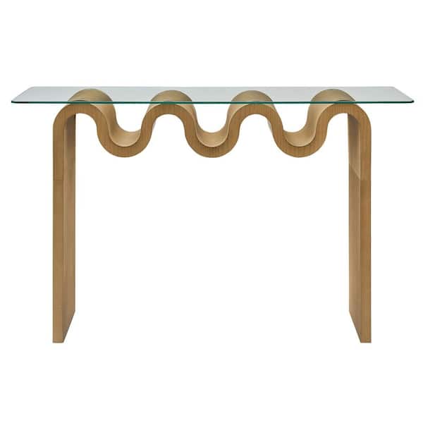 Ondine Glass Console Table in Natural - Retro Vintage 15.98 in. Squiggle Sofa Table with Tempered Glass Top