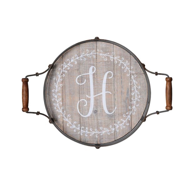 Round Monogram Wood Tray, Round Wooden Tray With Metal Handles