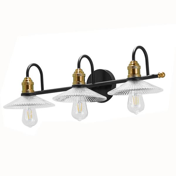 TOOLKISS 28.7 in. 3-Light Black Golden Bathroom Vanity Light with Glass Shades