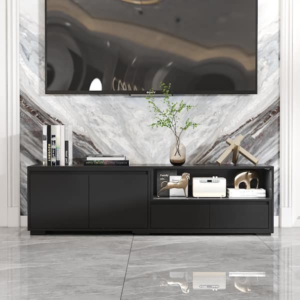 FUFU&GAGA Black Extendable TV Stand Entertainment Center Fits TVs up to 32 to 90 in. LED TV Console with Cabinet and 2 Drawers