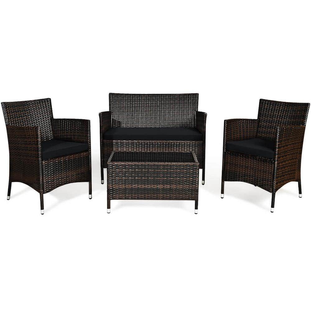 4-Piece Rattan Wicker Patio Conversation Set with Tempered Glass Coffee Tab