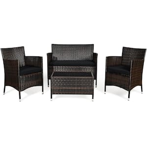 4-Piece Rattan Wicker Patio Conversation Set with Tempered Glass Coffee Table and Black Cushions