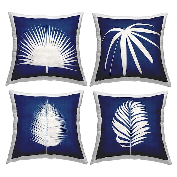 Bold Blue White Modern Botanical Leaf Shapes Blue Square Outdoor Throw Pillow 4-Pack