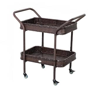 Rattan Wicker Serving Cart with 2-Tier Open Shelf, Outdoor Wheeled Bar Cart with Brakes for Poolside, Garden, Patio