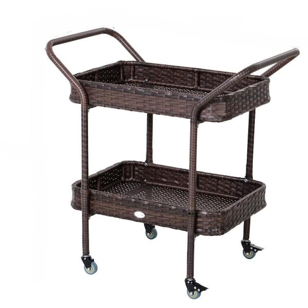 Otryad Rattan Wicker Serving Cart with 2-Tier Open Shelf, Outdoor Wheeled Bar Cart with Brakes for Poolside, Garden, Patio