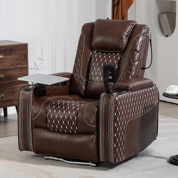 YOFE Upgraded Multifunctional 150° Lay Flat Brown PU Leather Infinite Position Smart Power Zero Gravity Recliner Chair w/LED