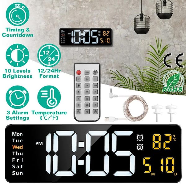 Afoxsos 15.7 in. Black LED Digital Wall Clock with Remote, 3