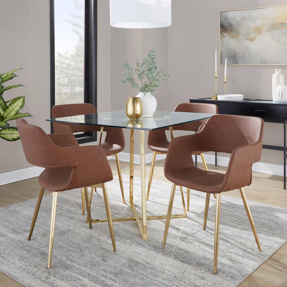 Brown Faux Leather Arm Chair with Gold Metal Legs