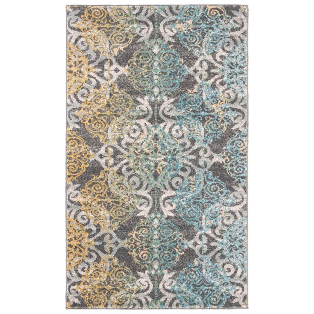 Grey and Ivory High Pile Synthetic Area Rug