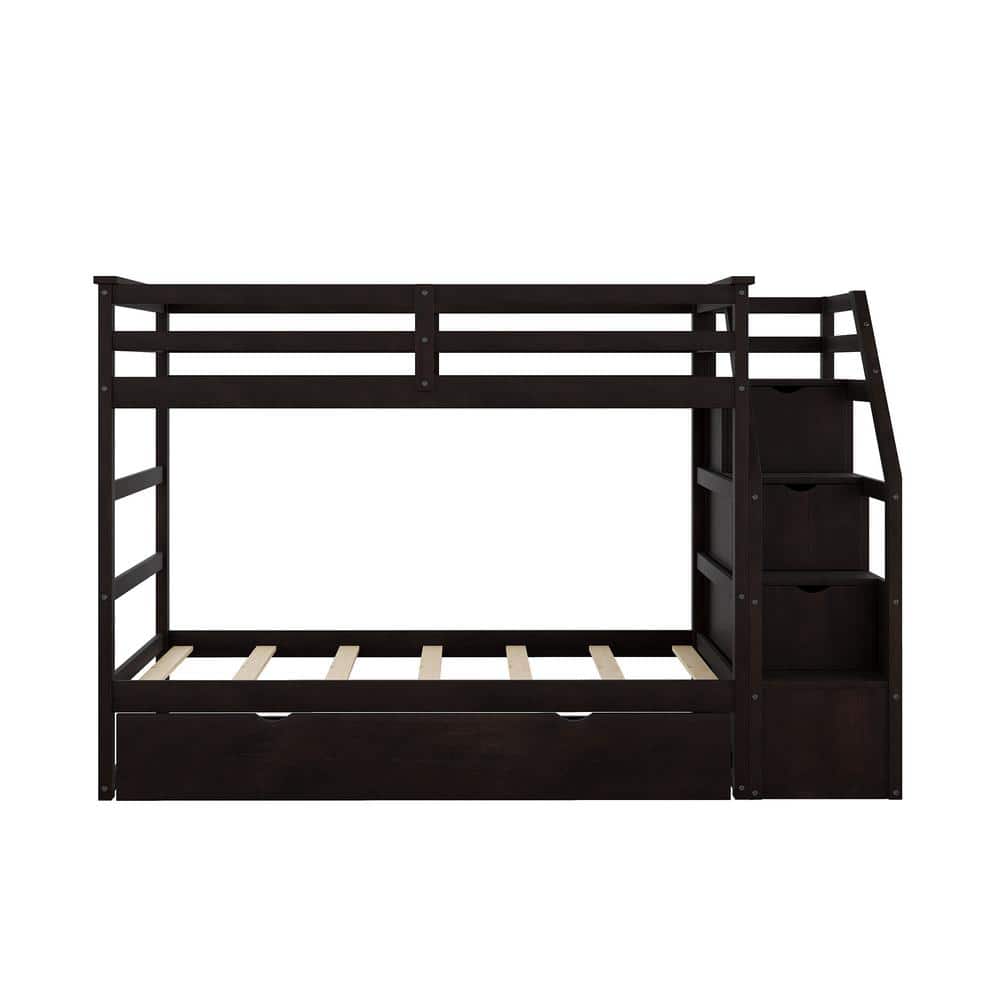 URTR Modern Brown Wood TwinOverTwin Bunk Bed with Trundle, Bunk Bed