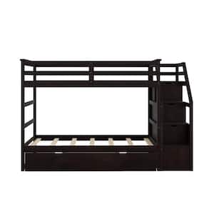 Modern Brown Wood Twin-Over-Twin Bunk Bed with Trundle, Bunk Bed Frame with 3-Storage Stairs and Guard Rail