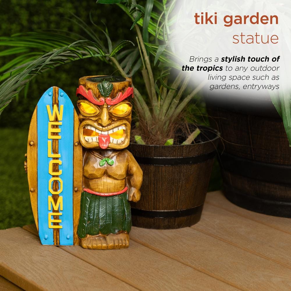 Solar Tiki Statue with Welcome Surfboard and LED Lights